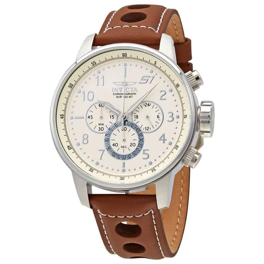 Invicta S1 Rally Chronograph Ivory Dial Men`s Watch 25724 - Dial: Ivory, Band: Brown, Bezel: Silver-tone