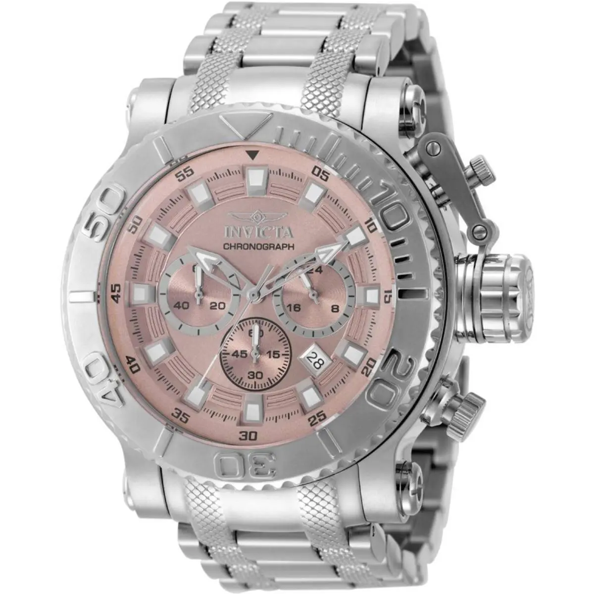 Invicta 50114 Men`s Quartz Watch Pink Dial 52mm Silver Steel Bracelet