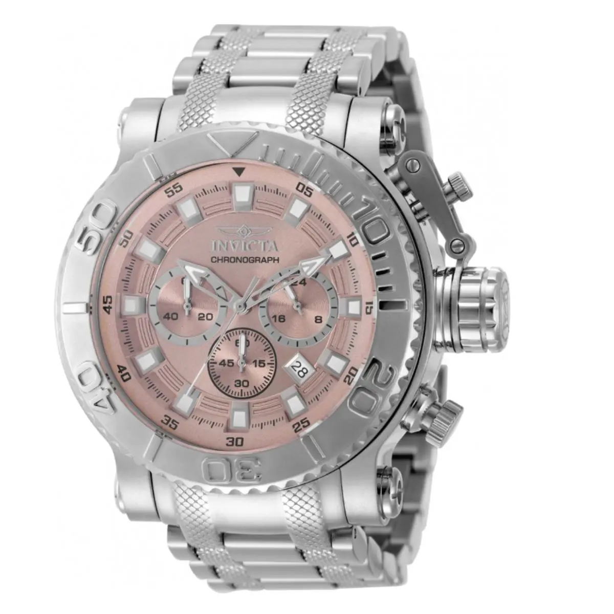Invicta Coalition Forces Synarchy Dusty Rose Men`s 52mm Chronograph Watch 50114 - Dial: Pink, Silver, White, Band: Silver, Bezel: Silver
