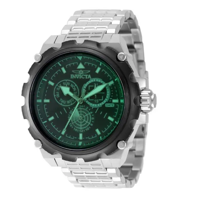 Invicta Coalition Forces Spline Command Mens 50mm Green Tint Crystal Watch 49199 - Dial: Black, Green, Band: Silver, Bezel: Black