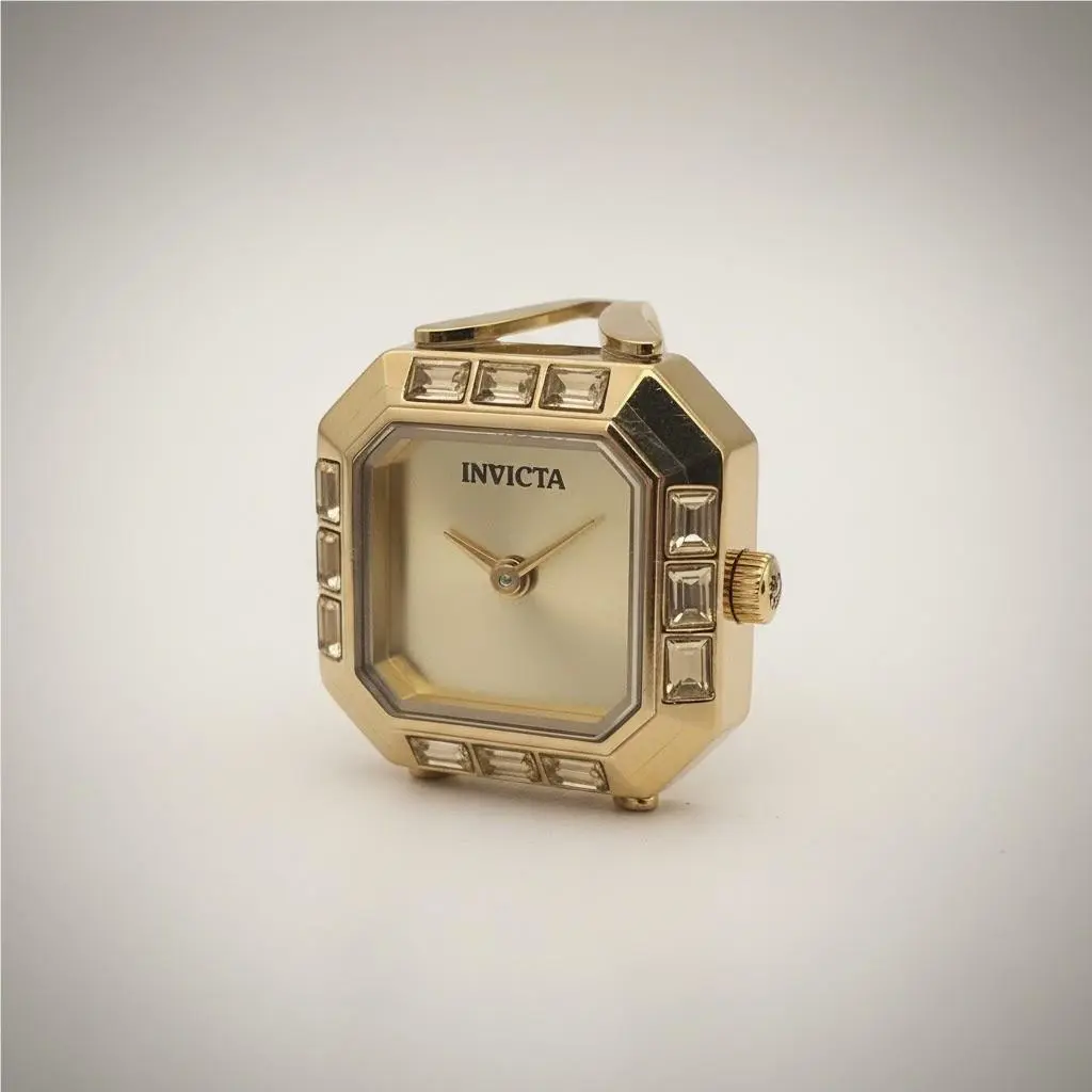 Invicta Mini Angel Watch Ring Golden Crystal Accented Octagon Adjustable