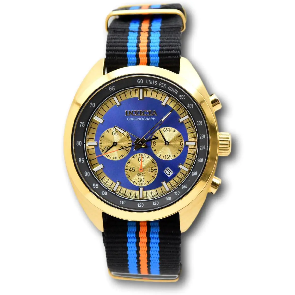 Invicta S1 Rally 45mm Men’s Chronograph Watch Racing Team Nylon Strap 29990 - Dial: Blue, Champagne, Gold, Gray, Multicolor, Yellow, Band: Black, Blue, Multicolor, Orange, Bezel: Gold, Yellow