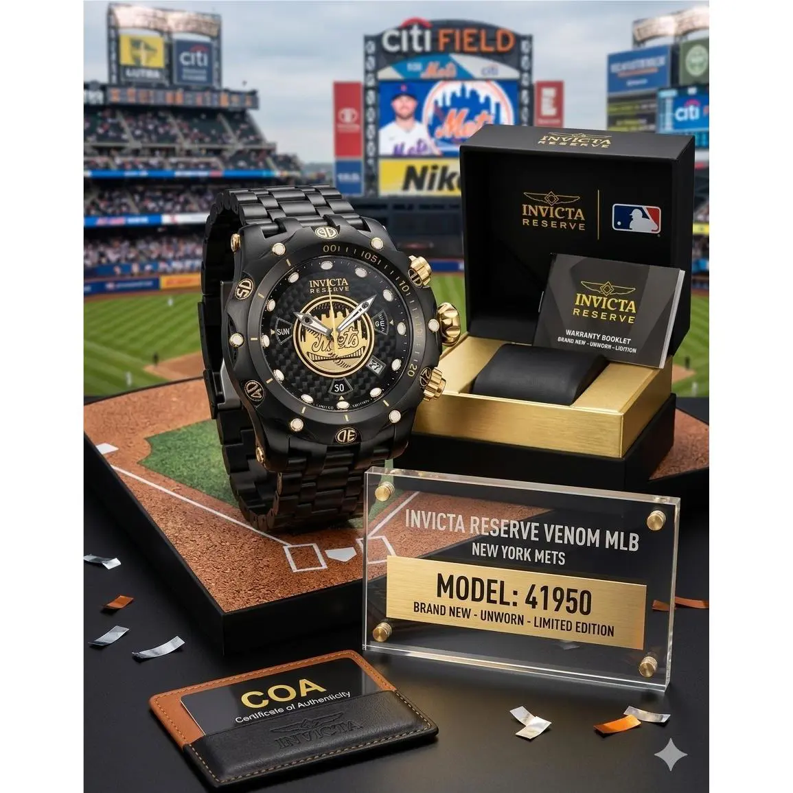 Invicta Reserve Venom Mlb Newyork Mets 51mm Swiss Movement Black /gold Men Watch