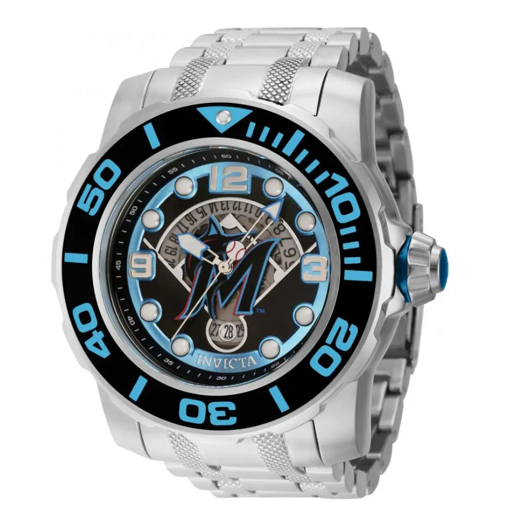 Invicta Mlb Miami Marlins Men`s Large 58mm Automatic Stainless Watch 42794 - Dial: Black, Blue, Silver, White, Band: Silver, Bezel: Black, Blue, Silver