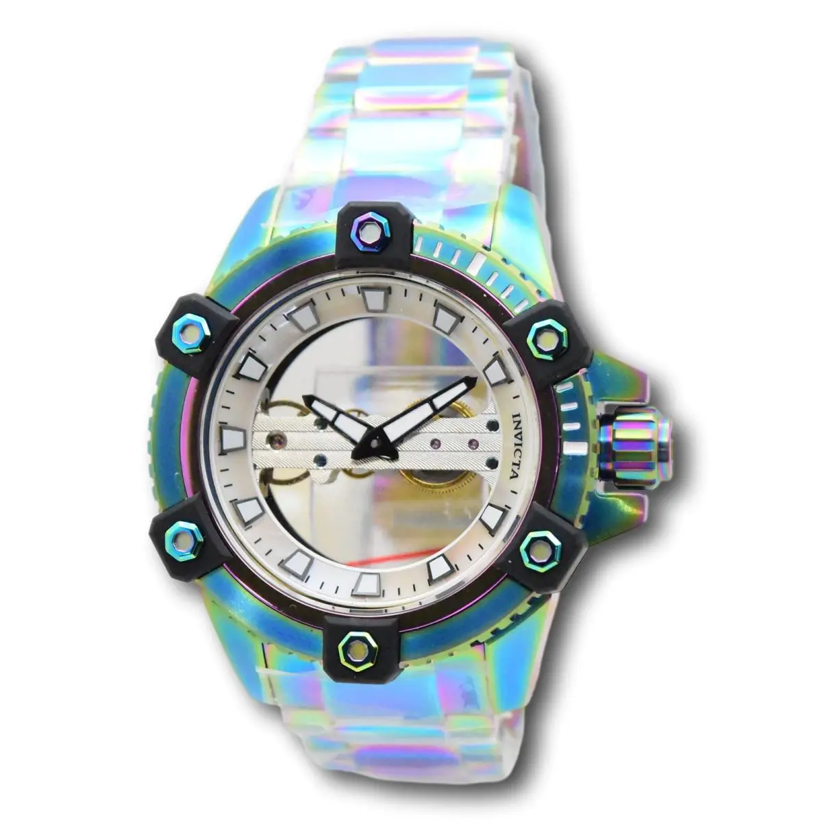 Invicta Reserve Limited Ed Men`s 48mm Rainbow Iridescent Mechanical Watch 26488 - Dial: Clear, Multicolor, White, Band: Blue, Green, Multicolor, Purple, Bezel: Black, Blue, Green, Multicolor, Purple