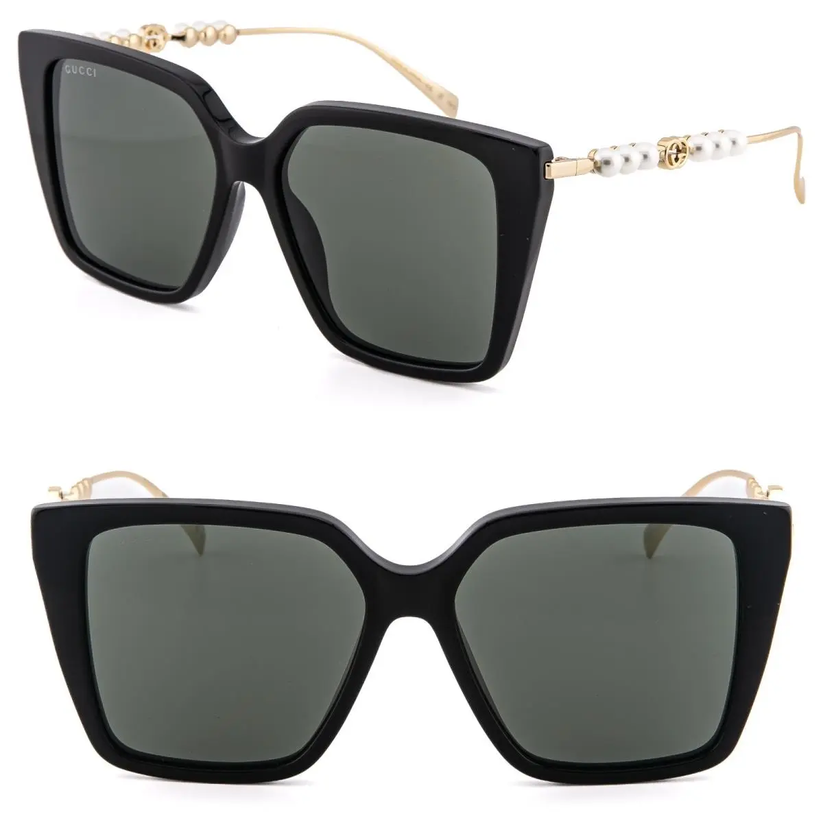 Gucci GG1967S Gold Black 1967 GG Pearl Logo Oversized Geometric Sunglasses 001