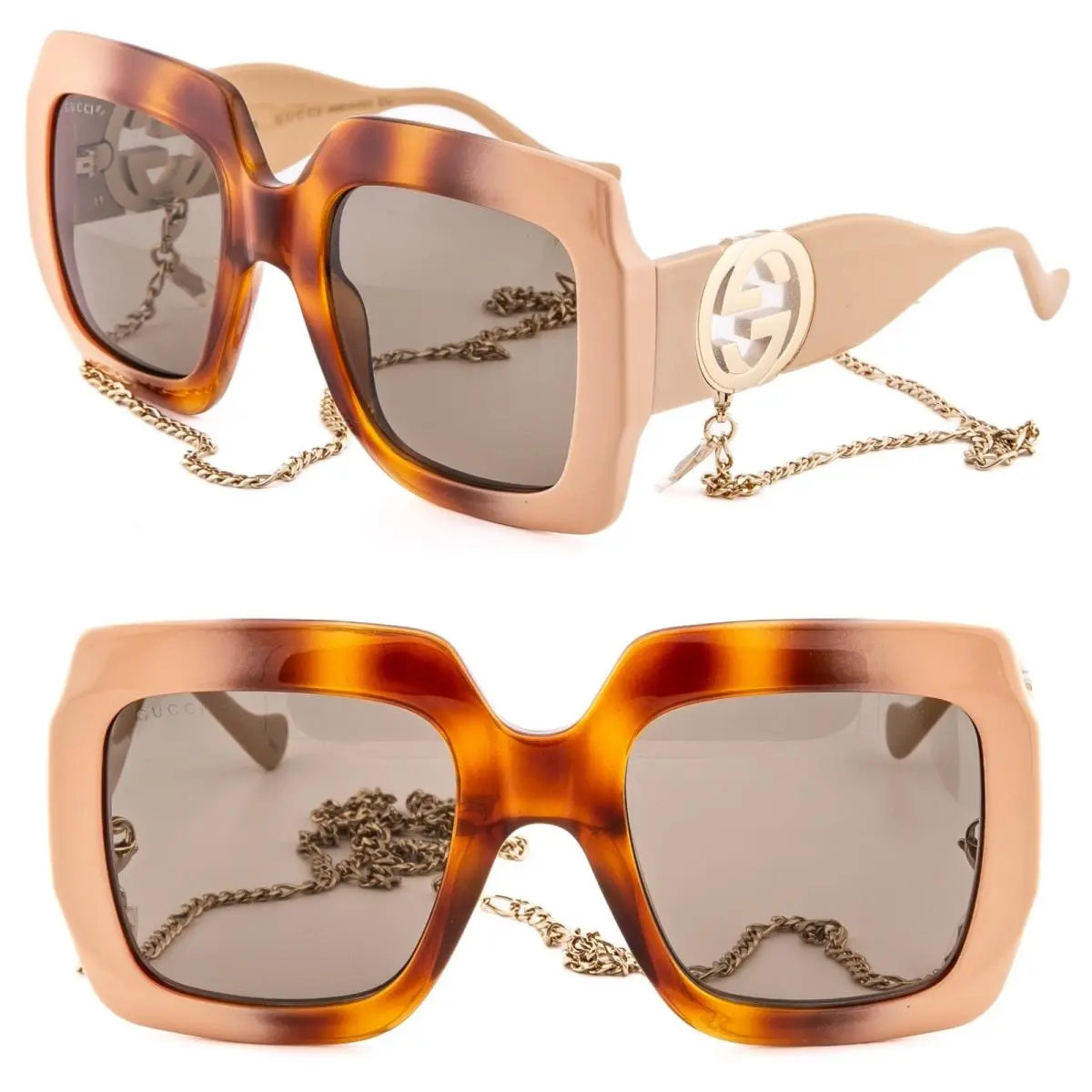 1022 Brown Havana Ivory 003 GG Logo Chunky Chain Charm Sunglasses GG1022S by Gucci