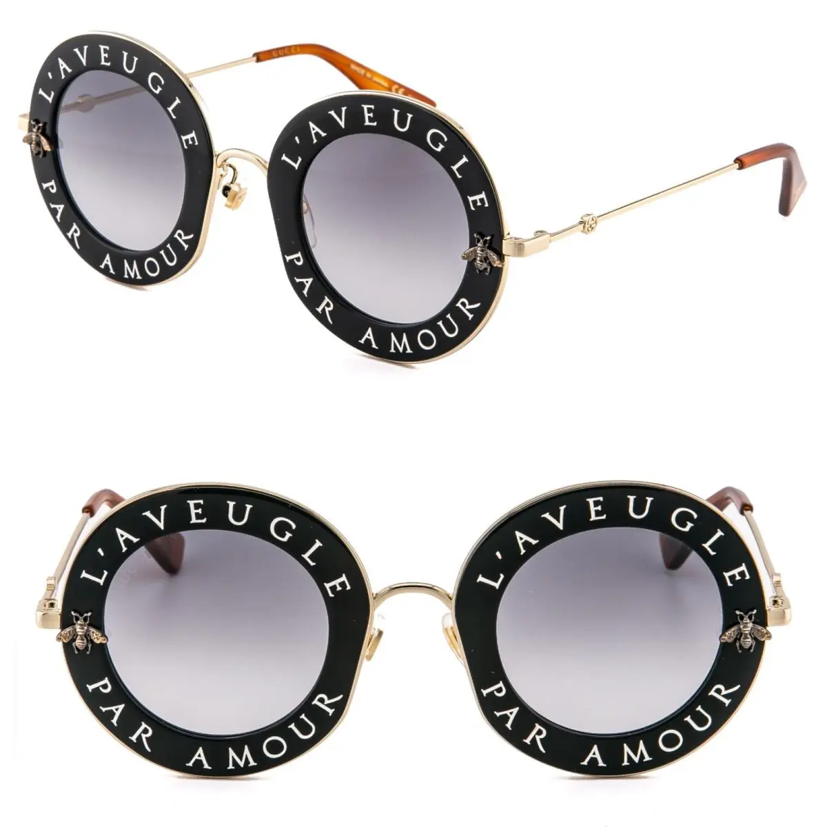 Gucci L`aveugle Par Amour Gg0113S 0113 Black Gold Bumble Bee Stud Sunglasses 001