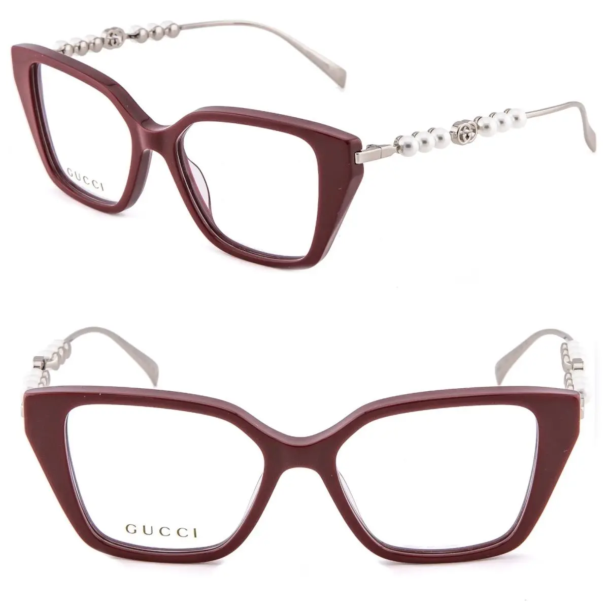Gucci GG1969O 1969 Silver Burgundy Pearl Metal Logo Eyeglasses Optical Frame 004
