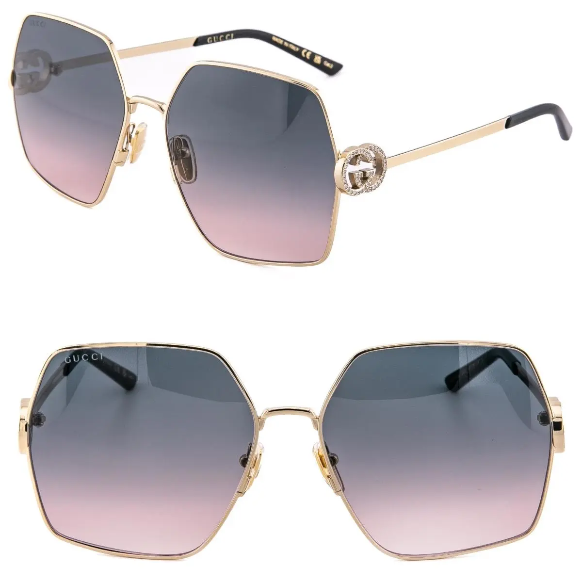 Gucci GG2163S Gold Blue 2163 GG Crystal Logo Oversized Geometric Sunglasses 002