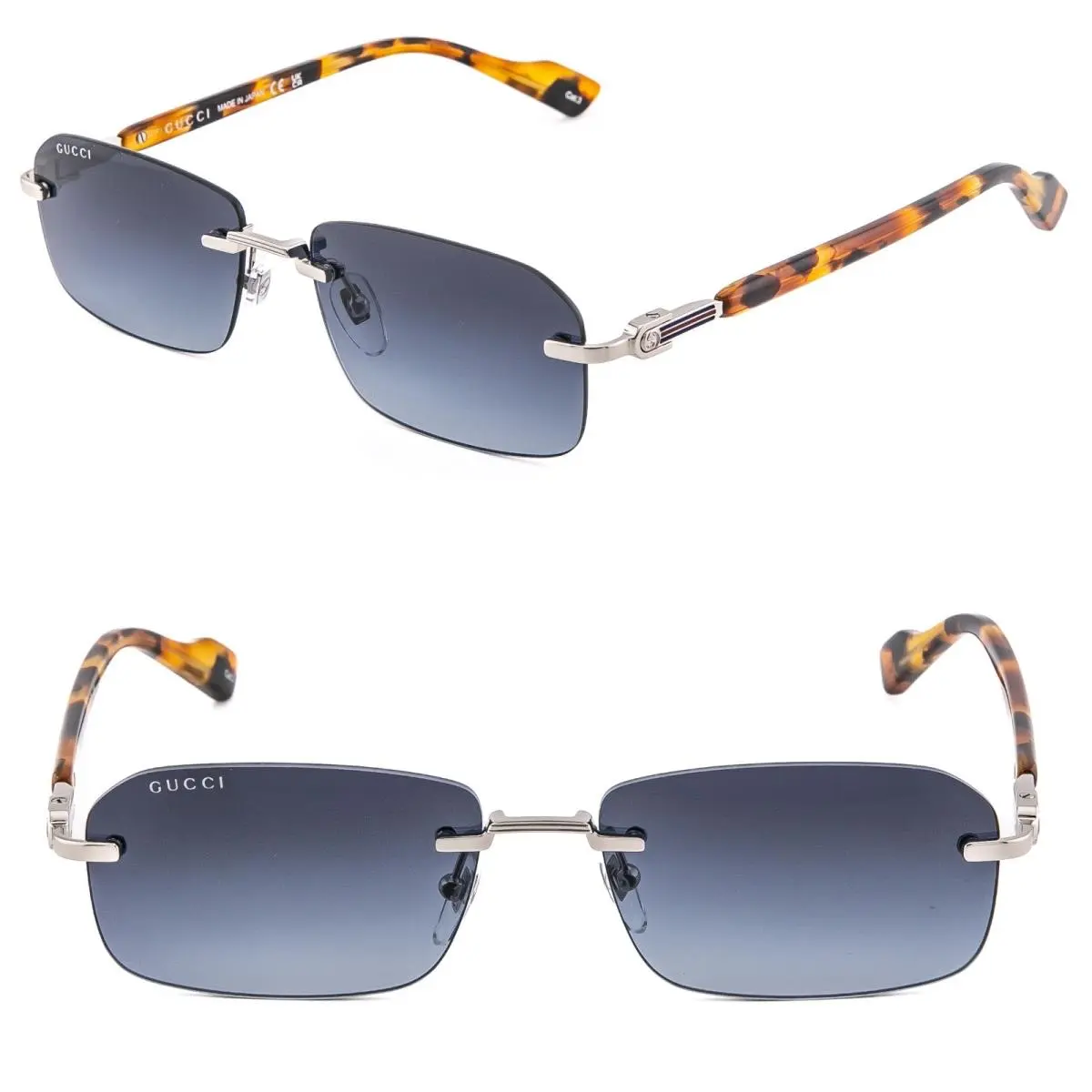 Gucci GG1221S Web Logo 1221 Blue Havana 007 Rimless Narrow Unisex Sunglasses