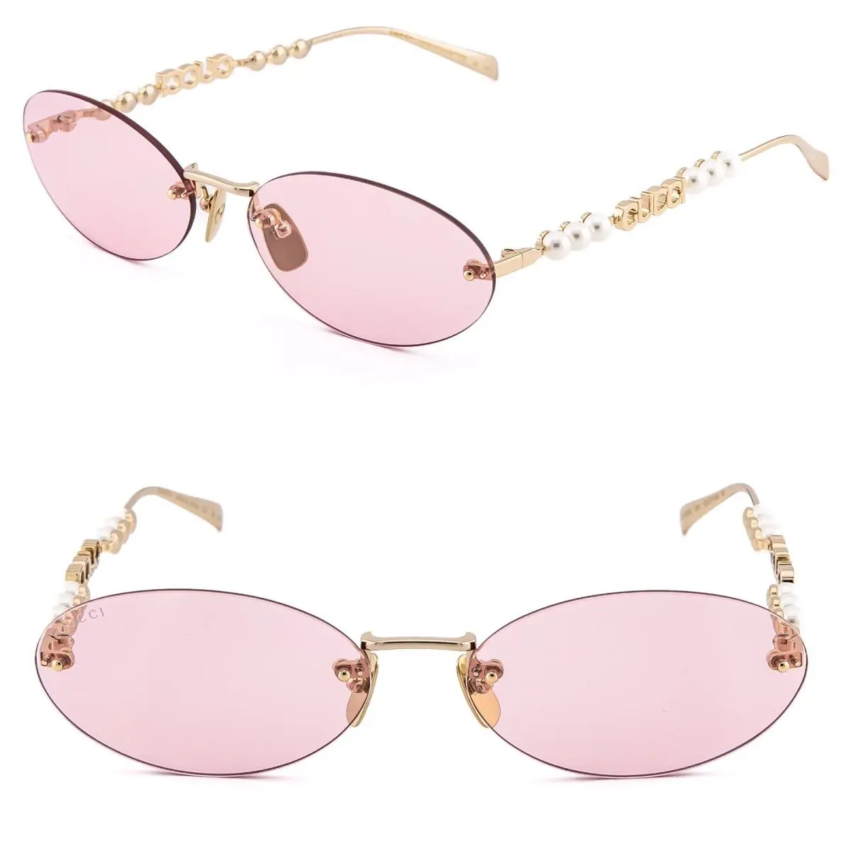 Gucci GG1922S Gold Pink 1922 GG Pearl Logo Oval Rimless Fashion Sunglasses 004