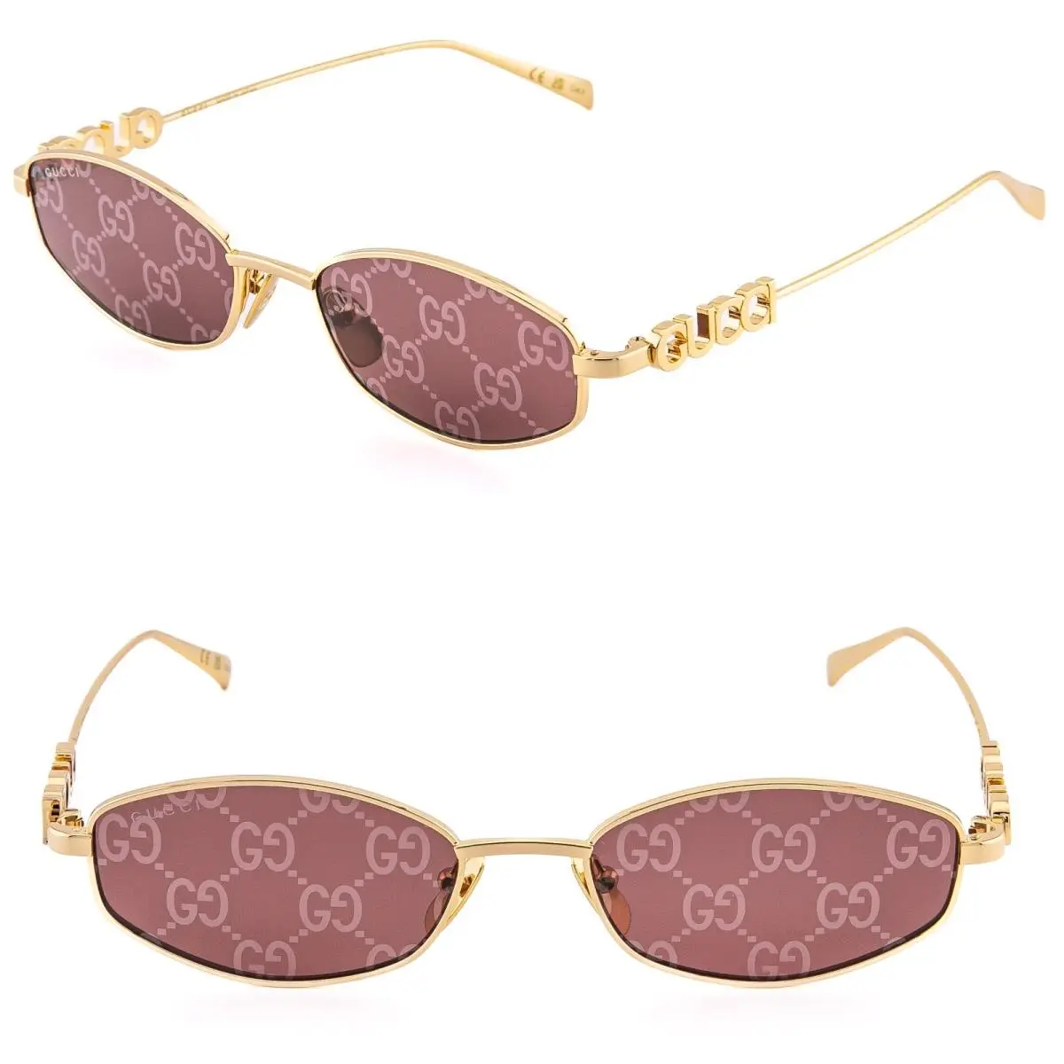 Gucci 1802 Gg1802S Gold Red Guccissima Logo Mirror Print Oval Narrow Sunglasses