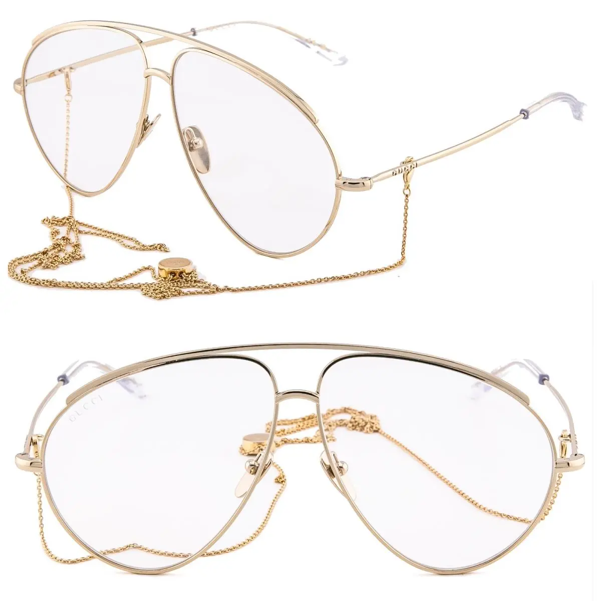 Gucci 1654 Gg1654S Gold Clear Chain Charm Unisex Style Aviator Sunglass 010