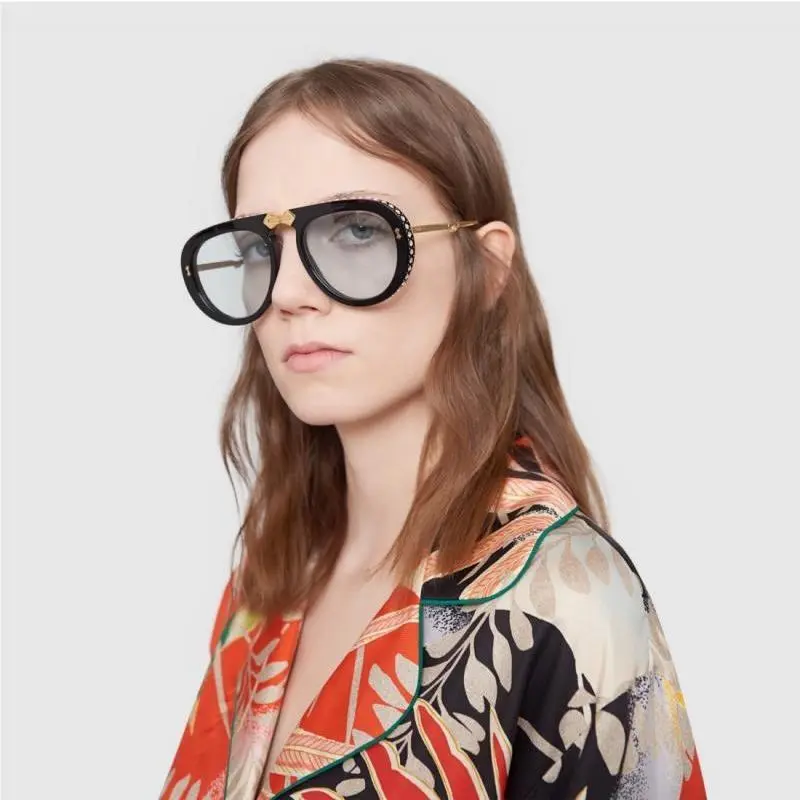 Gucci GG0307S Foldable Aviator Black Crystal Blue Lens Sunglasses 56mm