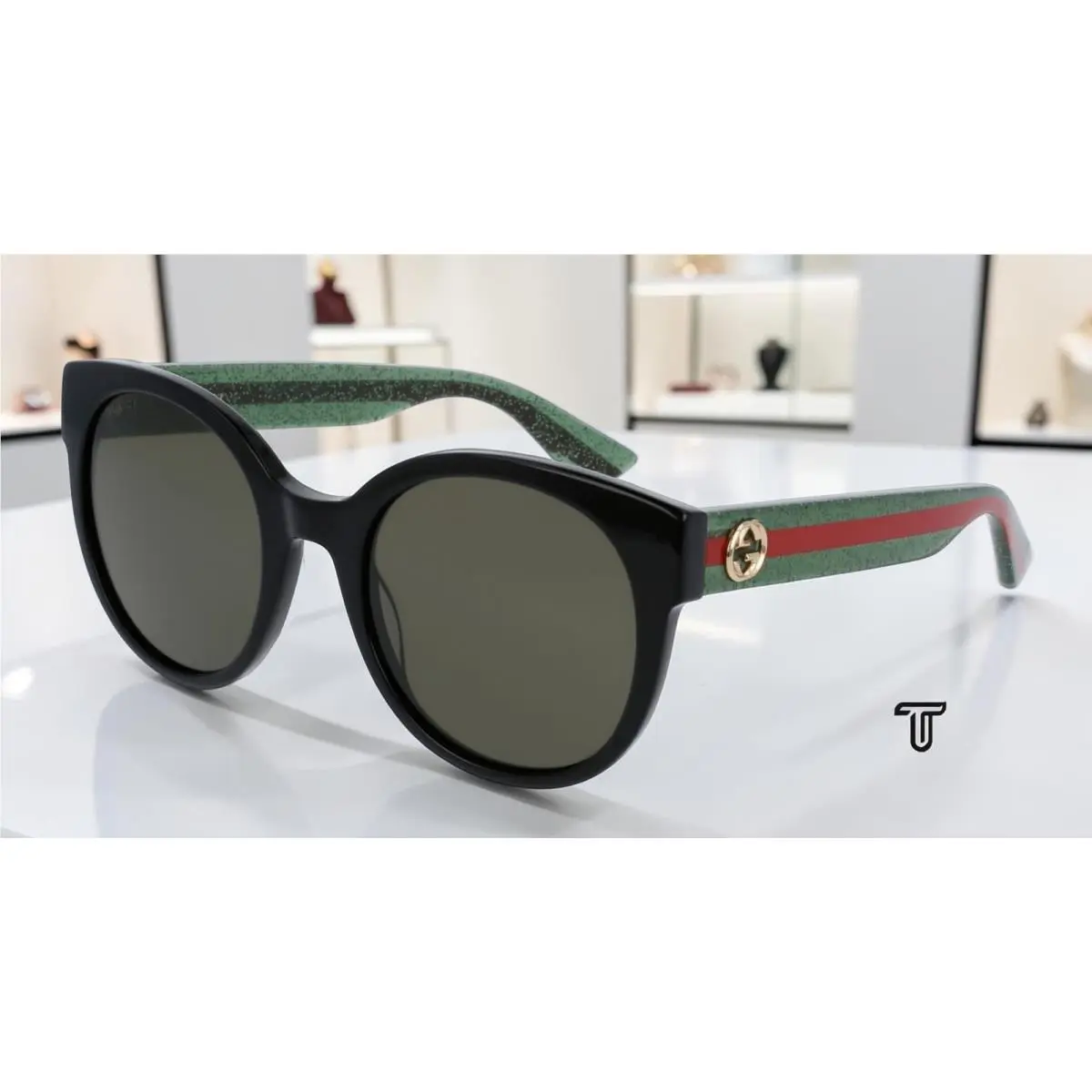 Gucci GG0035S 002 Round Oval Black Green 54 mm Women`s Sunglasses