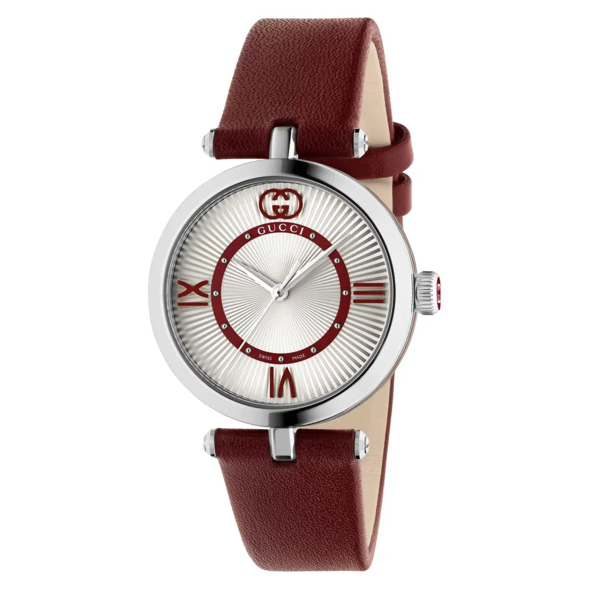 Gucci Model 2000 Steel Silver Dial Red Leather Strap Quartz Women Watch YA167508