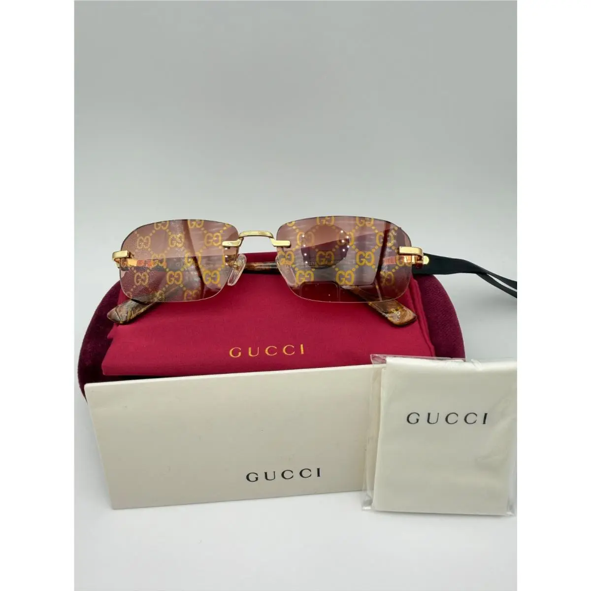 Gucci Sunglasses GG1221S 004 Rimless Brown Gold Tortoise Red Logo 56 w Case