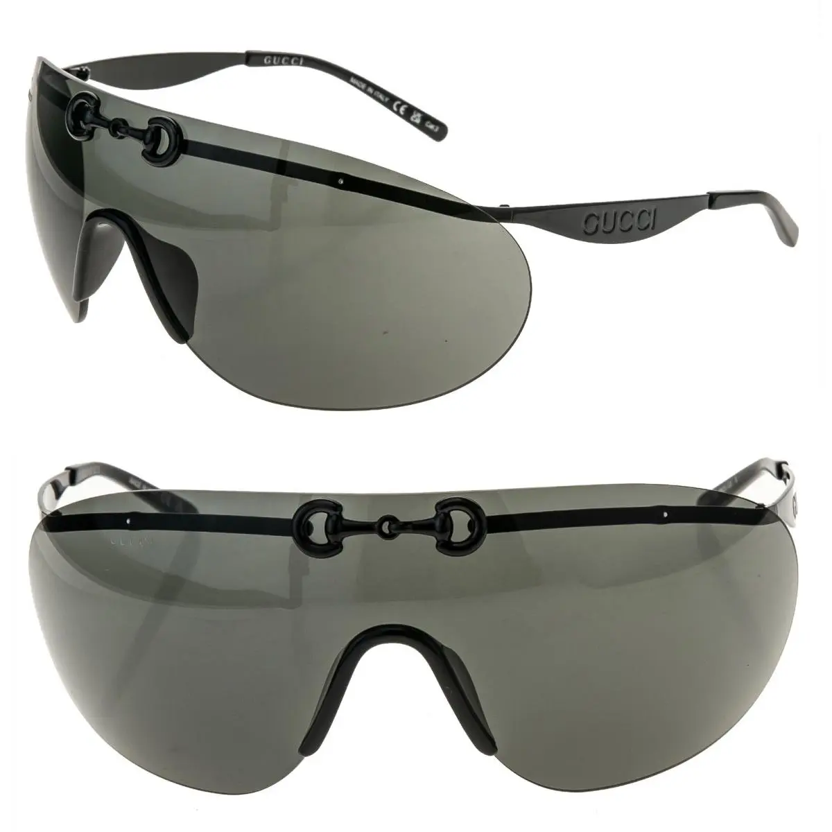 Gucci Horsebit 1656 Black Metal Mask Wrap Shield Gg1656S Unisex Sunglasses 001