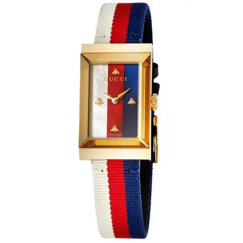 Gucci G-frame YA147405 Mother of Pearl Dial White Blue Red Nylon Strap