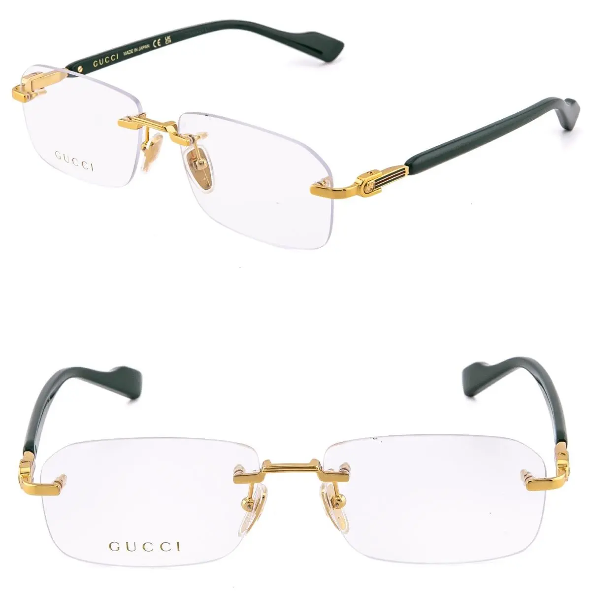 Gucci GG1221O 1221 Green Gold Classic Stripe Unisex Narrow Eyeglasses 005 GG1221