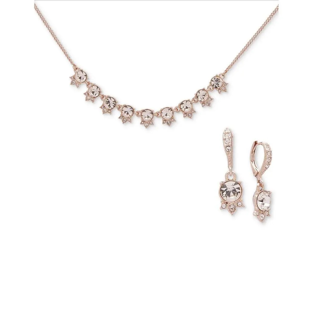 Givenchy Crystal Clear Necklace Rose Gold Tone Drop Earrings GM2