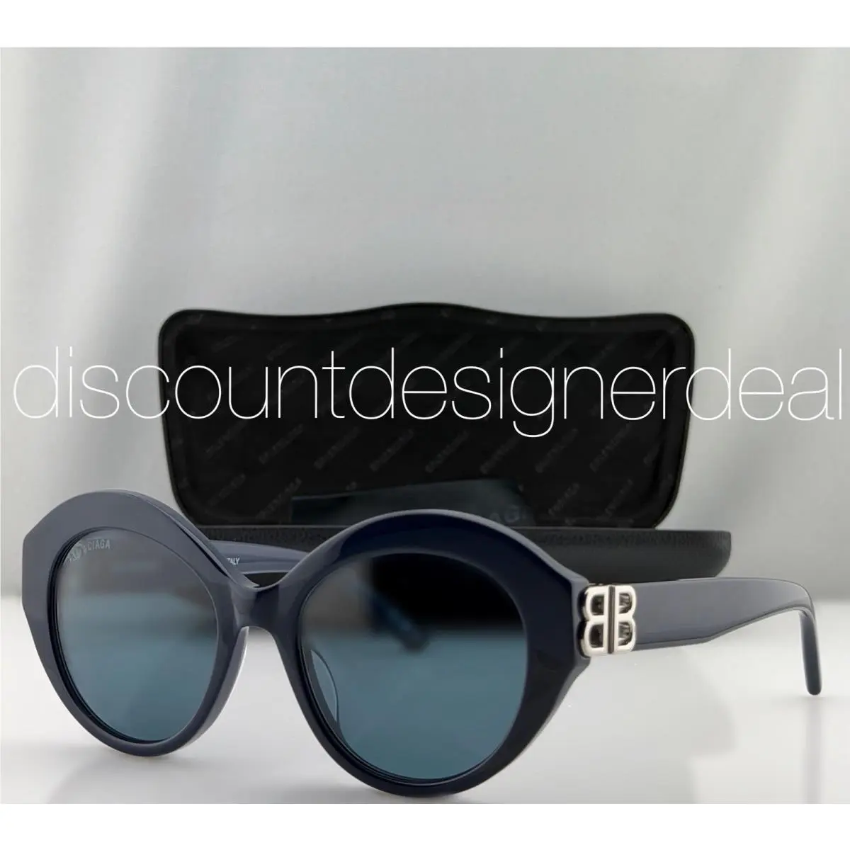 Balenciaga BB0133S 004 Navy Blue Silver Round Acetate Sunglasses 52mm