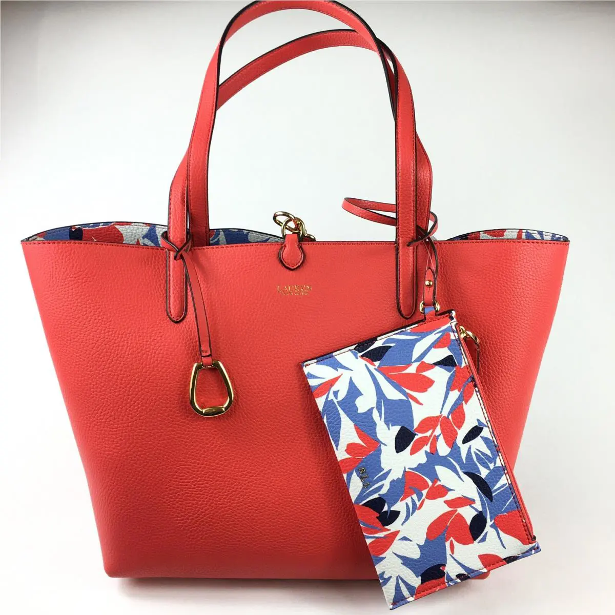 Ralph Lauren Reversible Pebble Tote Bag Orange Floral Print Zip Pouch