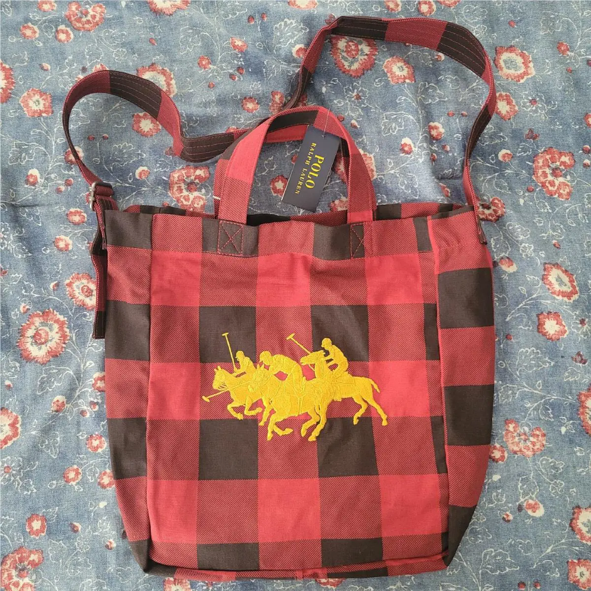 Polo Ralph Lauren 3 Horsemen Equestrian Stampede Plaid Canvas Shopping Tote Bag