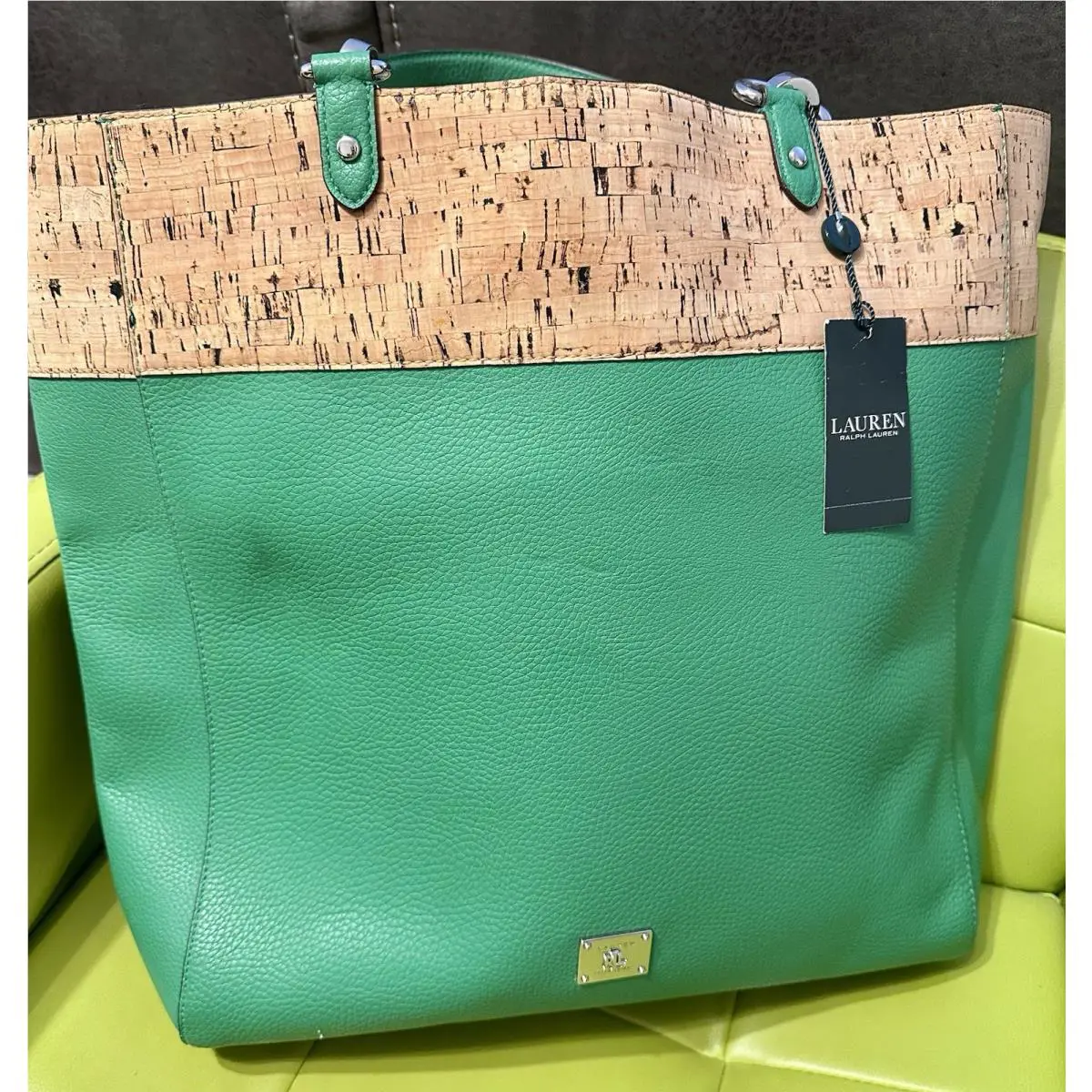 Lauren Ralph Lauren Green Pebble Leather Cork Large Tote Bag Shoulder Bag