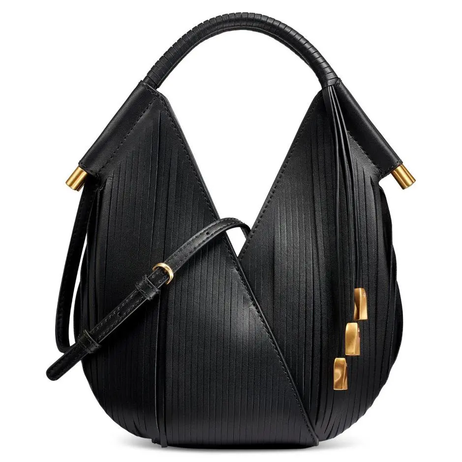 Donna Karan York Baldwin Lasercut Micro Leather Fringes Crossbody Black Gold - Handle/Strap: Black, Hardware: Gold, Exterior: Black
