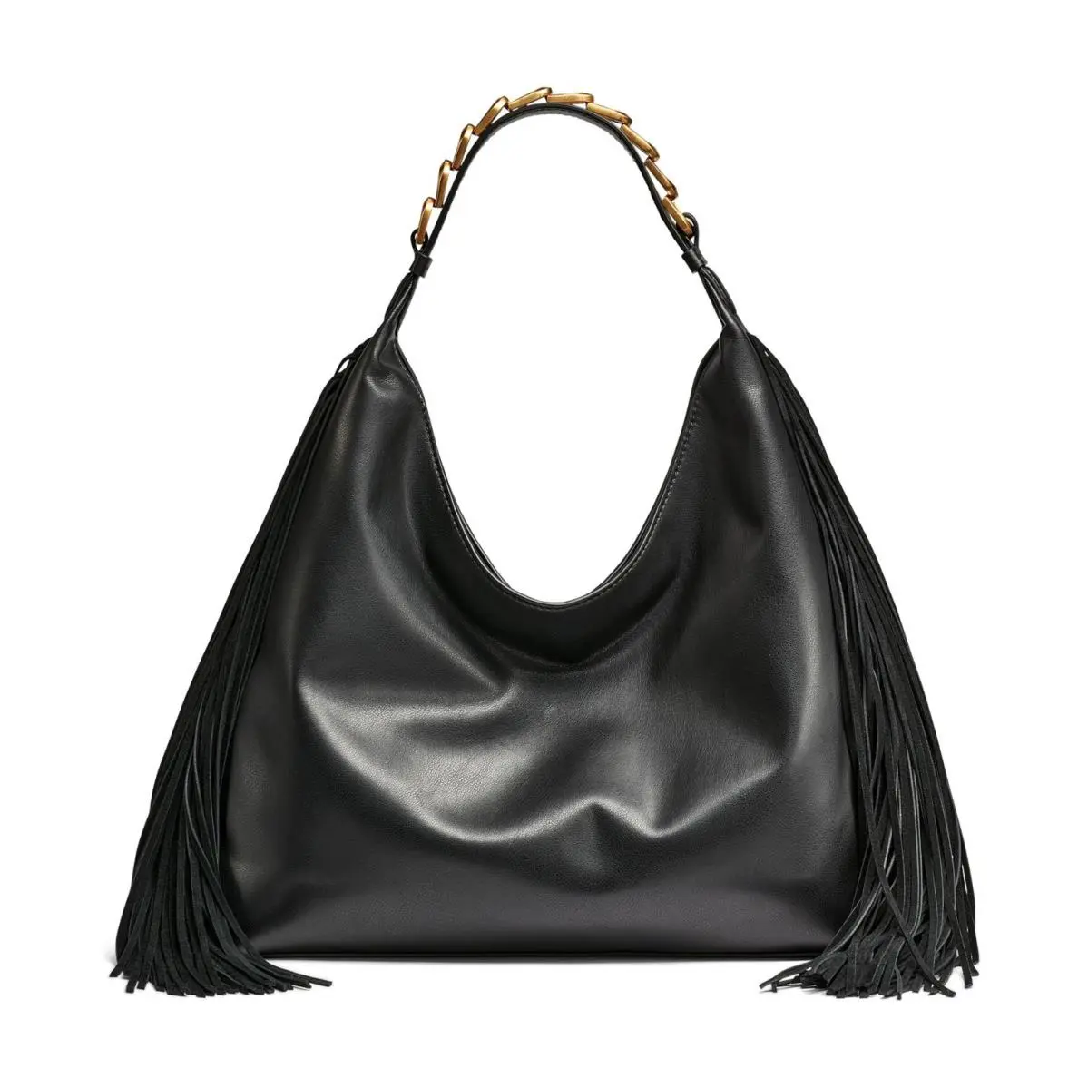 Donna Karan York Bellmore Fringe Shoulder Bag Bezel Strap Black Gold by DKNY