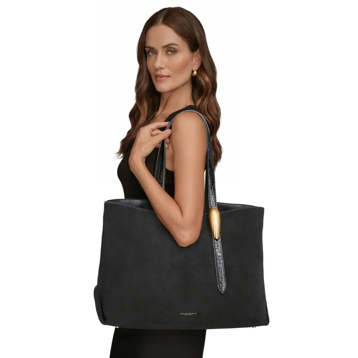 Donna Karan N Y Women`s Georgette Extra Large Suede Shoulder Tote Bag Black Gold