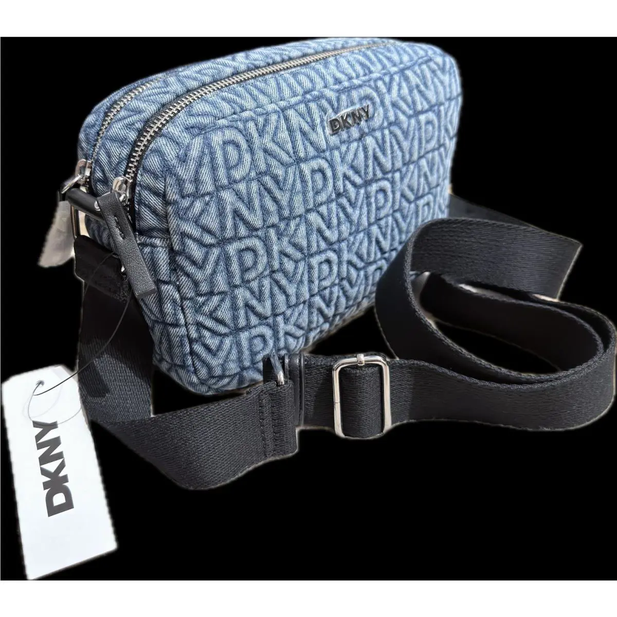 Dkny Womens Camera Tutu Denim Handbag Blue Double Zipper