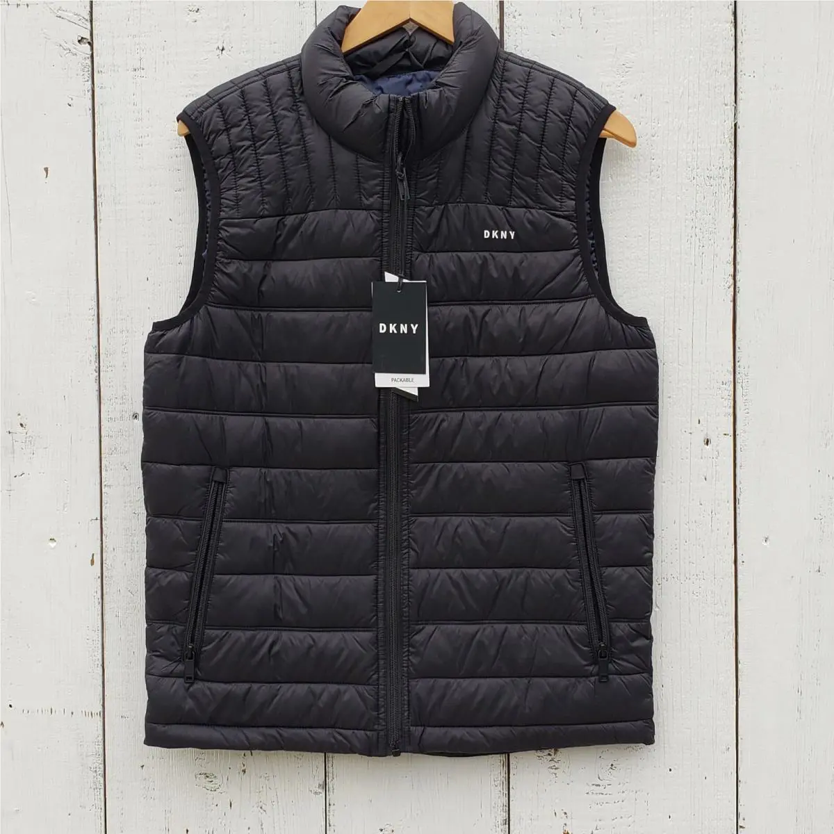 Dkny Mens Packable W Bag Quilted Vest Black Lightweight Zip Pockets Size S