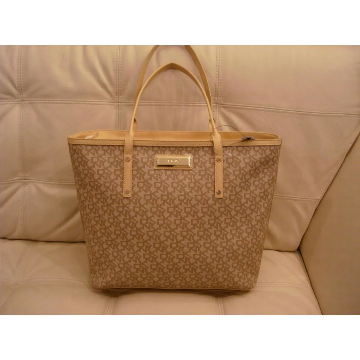 W Tags Large Dkny Chino-gold Tan Tote Bag Purse Gold Hardware Coated Logo