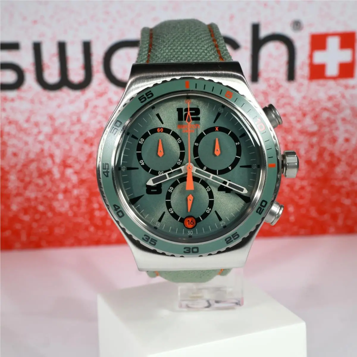 Swatch Swiss Made L`heure DU Marais Watch YVS402 43MM Green Orange Black