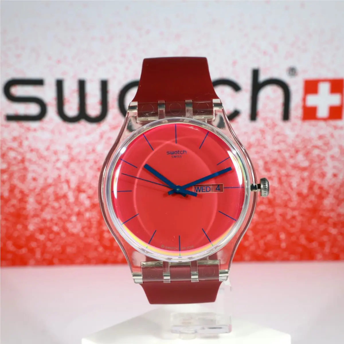 Swiss Made Swatch Polared SUOK717 41MM Red Blue Print Gent Polymer Wristwatc