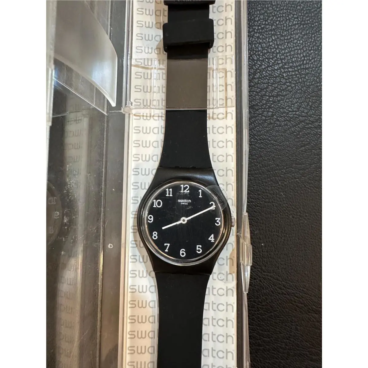IN Case Swatch GB301 Black Black White Numerals Hands Quartz Classic Watch
