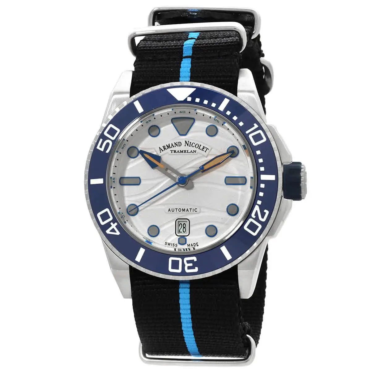 Armand Nicolet Jsh Automatic White Dial Men`s Watch A480PGU-AU-BN24480AANU - Dial: White, Band: Black and Blue, Bezel: Silver-tone