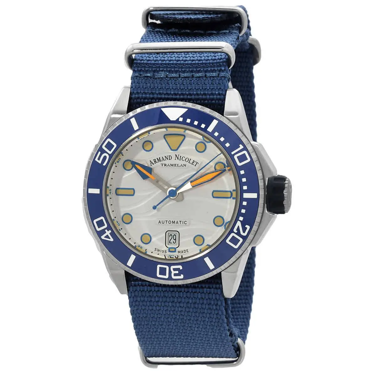 Armand Nicolet Jsh Automatic White Dial Men`s Watch A481PGU-AU-BN22481AAUU - Dial: White, Band: Blue, Bezel: Silver-tone