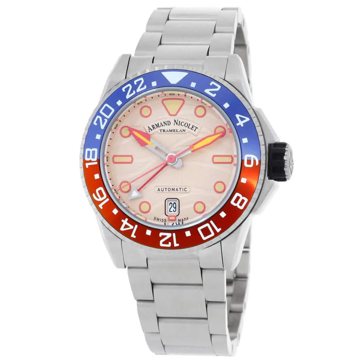 Armand Nicolet Jsh Gmt Automatic Men`s Watch A487RGN-KO-MA2481AA - Band: Silver-tone, Bezel: Silver-tone