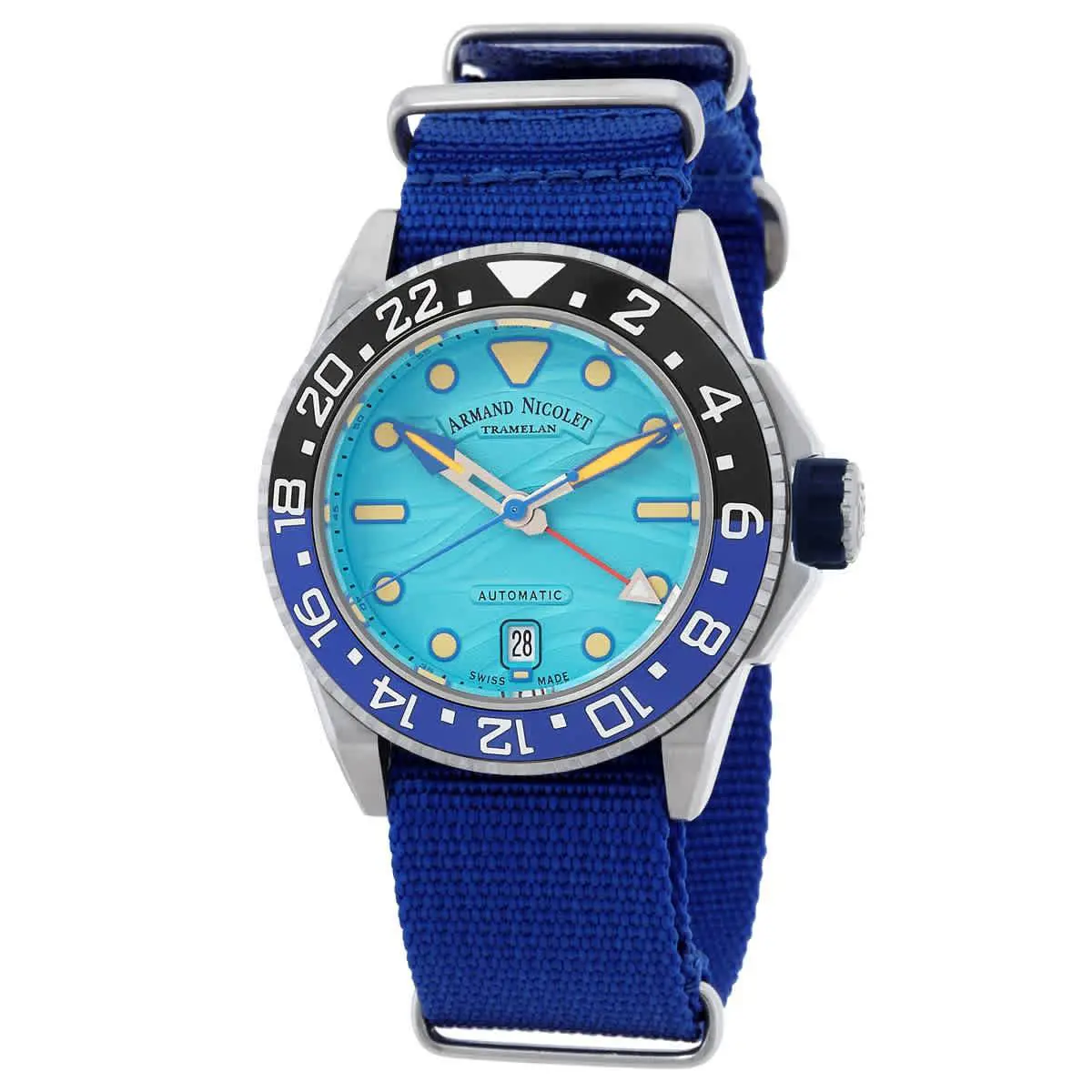 Armand Nicolet Jsh Gmt Automatic Batman Bezel Men`s Watch A487RGU-TF-BN22481AAUU - Dial: Aqua, Band: Blue, Bezel: Silver-tone