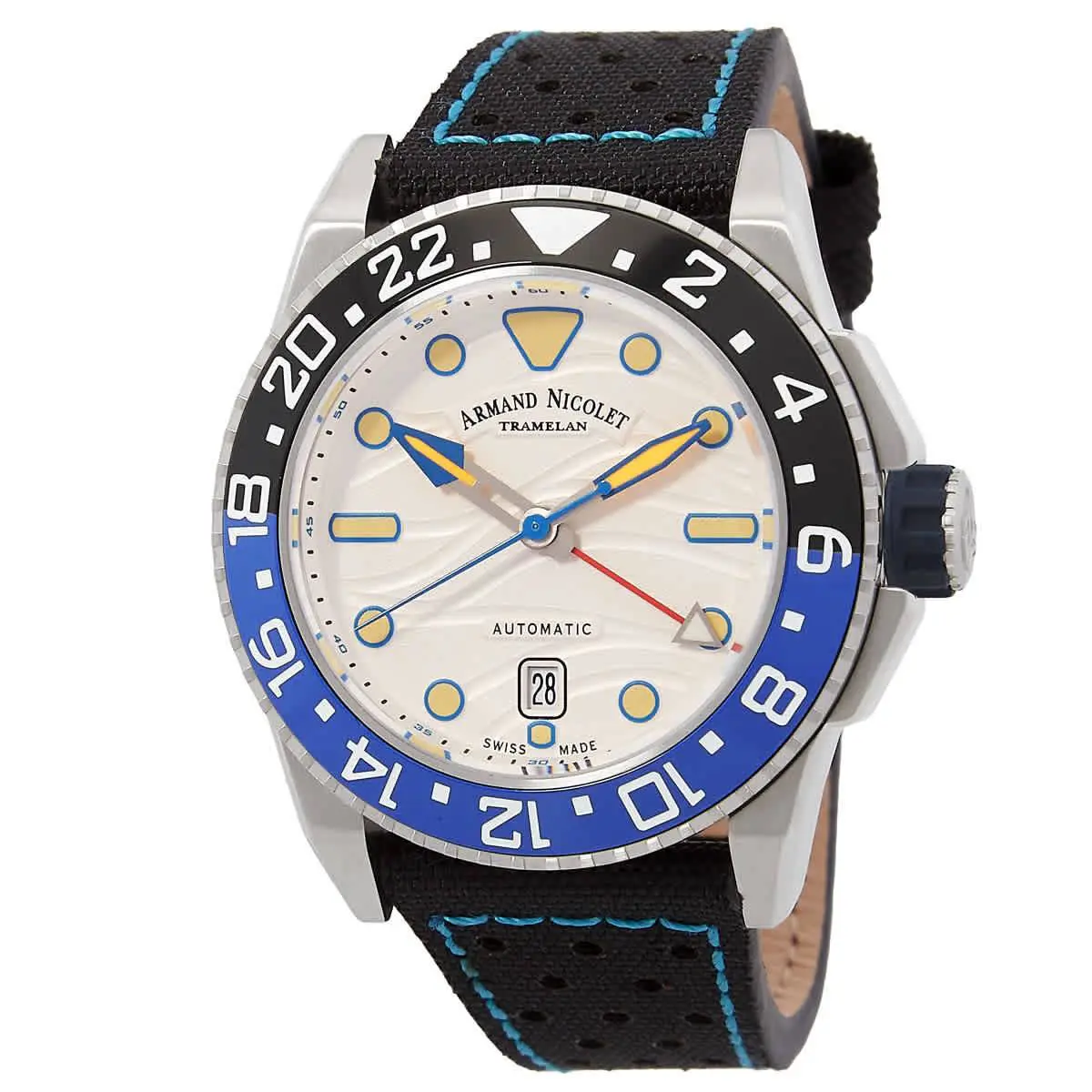 Armand Nicolet Jsh Automatic Silver Dial Batman Bezel Men`s Watch - Dial: Silver, Band: Black, Bezel: Silver-tone