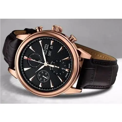 Bulova Men`s Gemini Swiss Automatic Chrono Pink Gold Tone Brown Leather 64C105 - Dial: Black, Band: Brown
