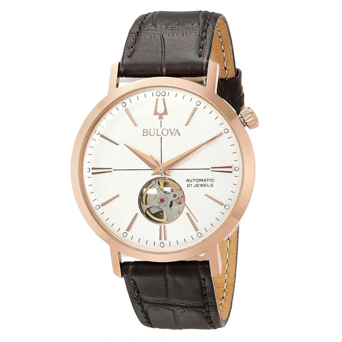 Bulova 97A136 Men`s Classic Automatic White Dial Brown Leather Strap Watch - Dial: Multicolor, Band: Brown, Bezel: Rose Gold