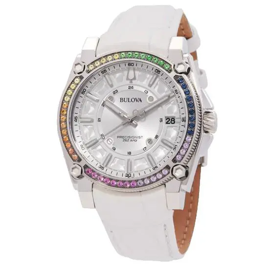 Bulova Precisionist 96J124 Silver Dial White Leather Strap 40MM Womens Watch