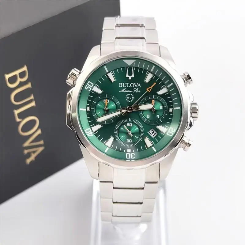 Bulova Marine Star 96B396 Quartz Men`s Watch Green Dial Stainless Steel 43MM