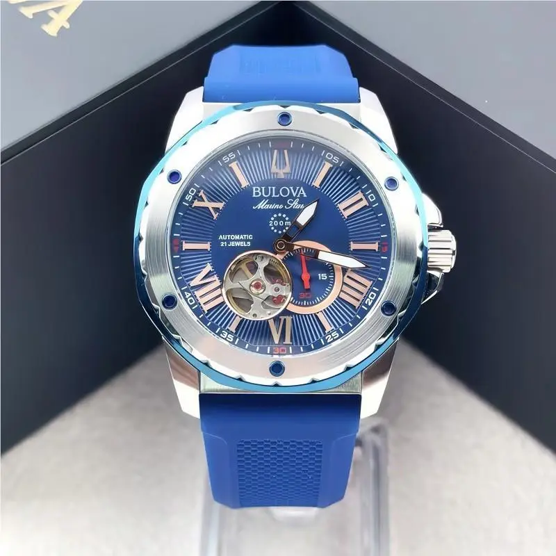 Bulova Marine Star A 98A282 Men`s Automatic Watch Blue Dial Silicone Strap 45MM