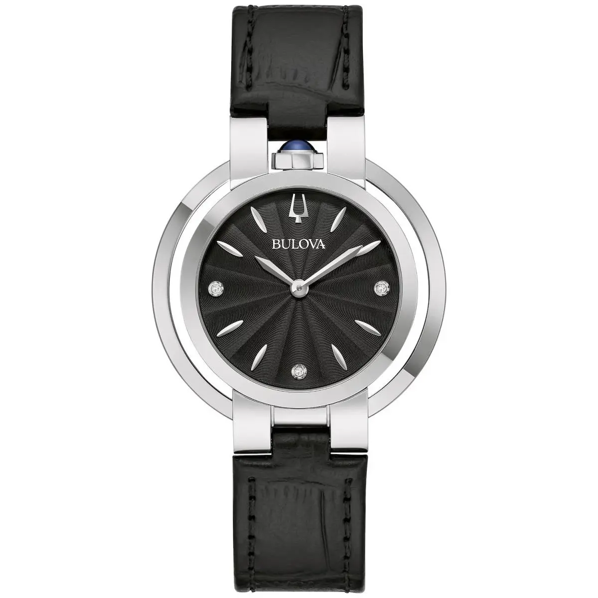 Bulova Ladies Rubaiyat 35mm Black Dial Leather Diamond Watch 96P238